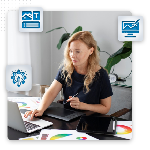 Unique Visual Identities img A woman using a pen tablet and laptop at a desk with colorful charts, surrounded by digital icons representing creativity, text design, and brand design in professional graphic design services.