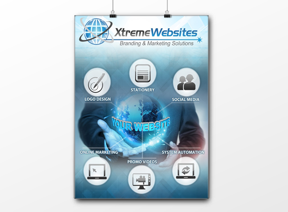 Poster for Xtreme Websites showing a globe logo, slogan Branding & Marketing Solutions, and icons for services: logo design, stationery, social media, online marketing, promo videos, and system automation.