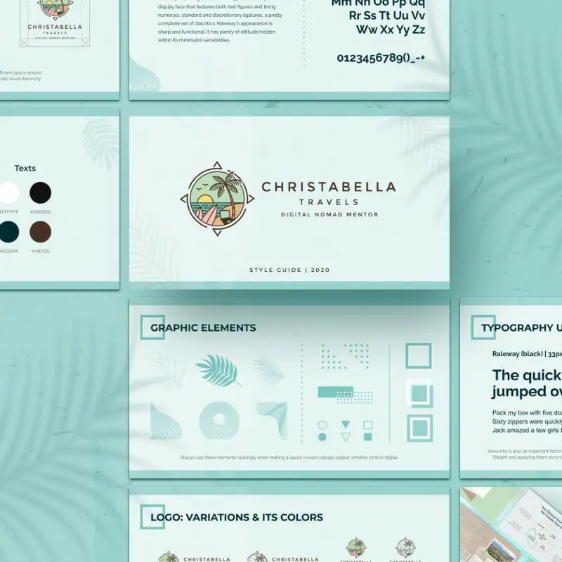 brandbook A digital style guide layout for Christabella Travels, crafted by a skilled graphic artist, featuring logo, color palette, typography, graphic elements, and logo variations displayed on a soft teal background.