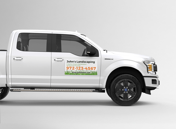 A white pickup truck with a door sign that reads: “John’s Landscaping,” a phone number “972-123-4567,” and website www.johnslandscaping.com. The sign has green grass graphics at the bottom.