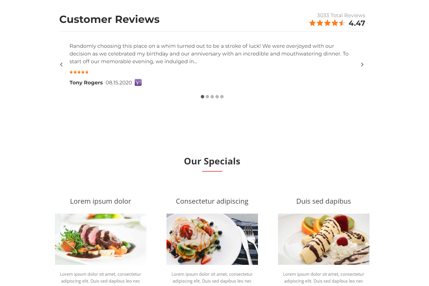 carousel-reviews-v2 A customer review with a 4.47-star rating is shown above photos of three plated dishes labeled “Our Specials.” The dishes include steak with vegetables, pasta, and a dessert with cream and fruit.