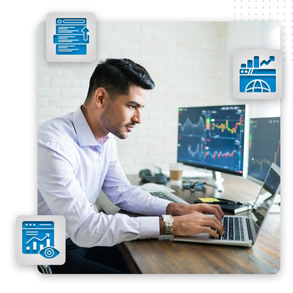 content marketing boost ranking feat img A man in a white shirt works on a laptop at a desk with financial charts on monitors, symbolizing content marketing services. Three blue finance-related icons are overlaid: a document, a chart with a globe, and a graph with a webpage.