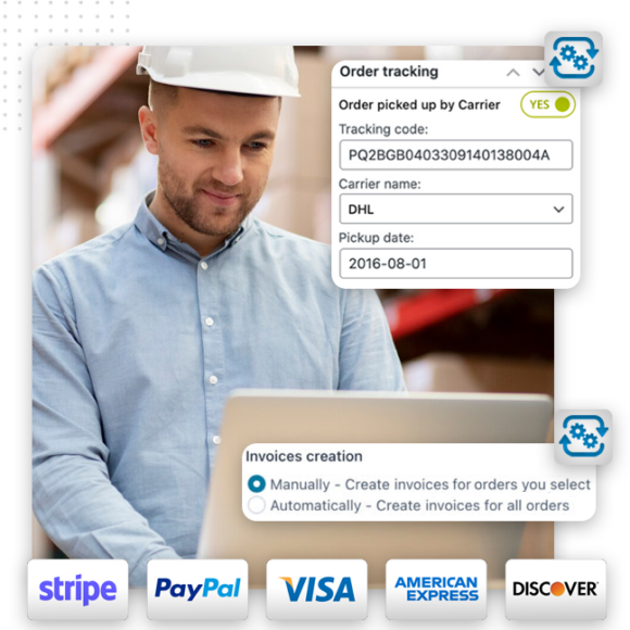 eCommerce-Powerful-Flexibility-Automations-feature-img A man wearing a white hard hat uses a laptop. Overlay graphics show order tracking details and invoice creation options, highlighting ecommerce development. Logos for Stripe, PayPal, Visa, American Express, and Discover are at the bottom.