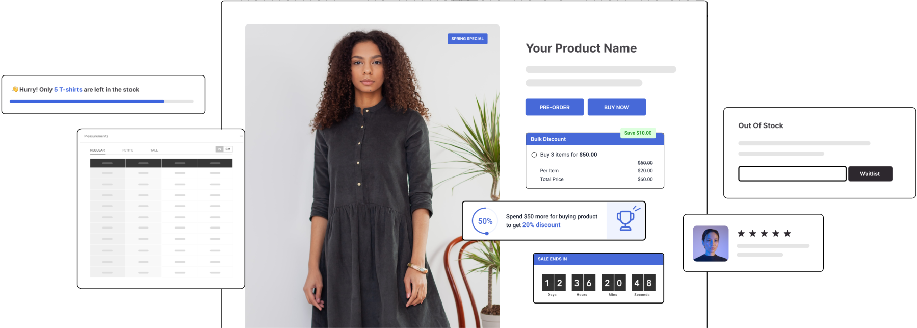 ecommerce-addon-banner-image A woman in a gray dress stands in front of an ecommerce website development mockup, surrounded by UI elements like stock alerts, reviews, price discounts, measurements, and a countdown timer for a sale.