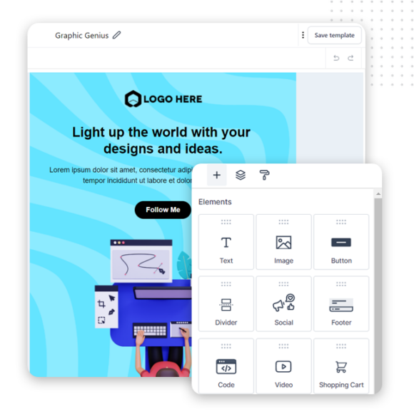 email-builder A website design editor interface shows a sample webpage on the left, ideal for creating email campaign layouts with a blue background, placeholder logo, headline, and illustration. On the right is an “Elements” menu with Text, Image, Button, Divider, and Social options.