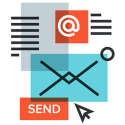 email-marketing Illustration of an envelope symbolizing email marketing, with an @ symbol, abstract lines, a SEND button, and a computer mouse pointer on a layered background of colored rectangles.