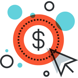 email-roi A graphic of a dollar sign inside a red target, with a computer mouse cursor pointing at it, symbolizes an email campaign. Blue circles of various sizes are scattered around the target.