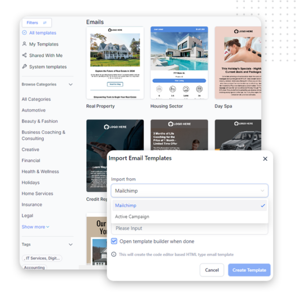 email-templates A user interface shows an email template selection screen with categories on the left and previews in the center, perfect for launching your next email campaign. A pop-up titled Import Email Templates offers import options and a Create Template button.