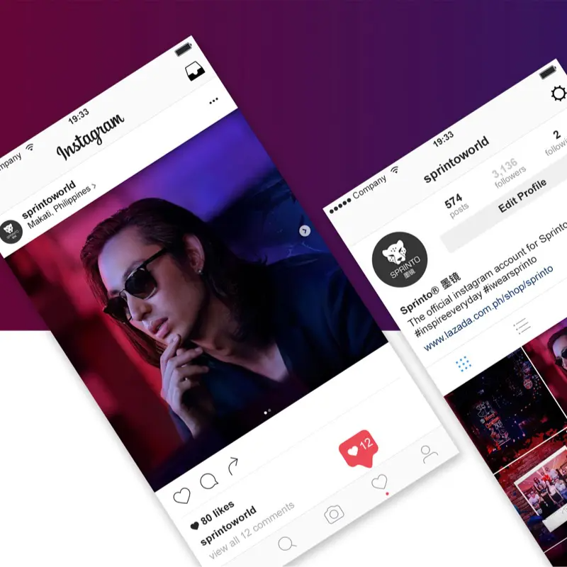 eoi-sprinto-1 Two Instagram app screens: one shows a profile page for “sprhintoworld,” highlighting a graphic artist, while the other displays a photo post of a man in sunglasses posing with his hand on his chin against a purple background.