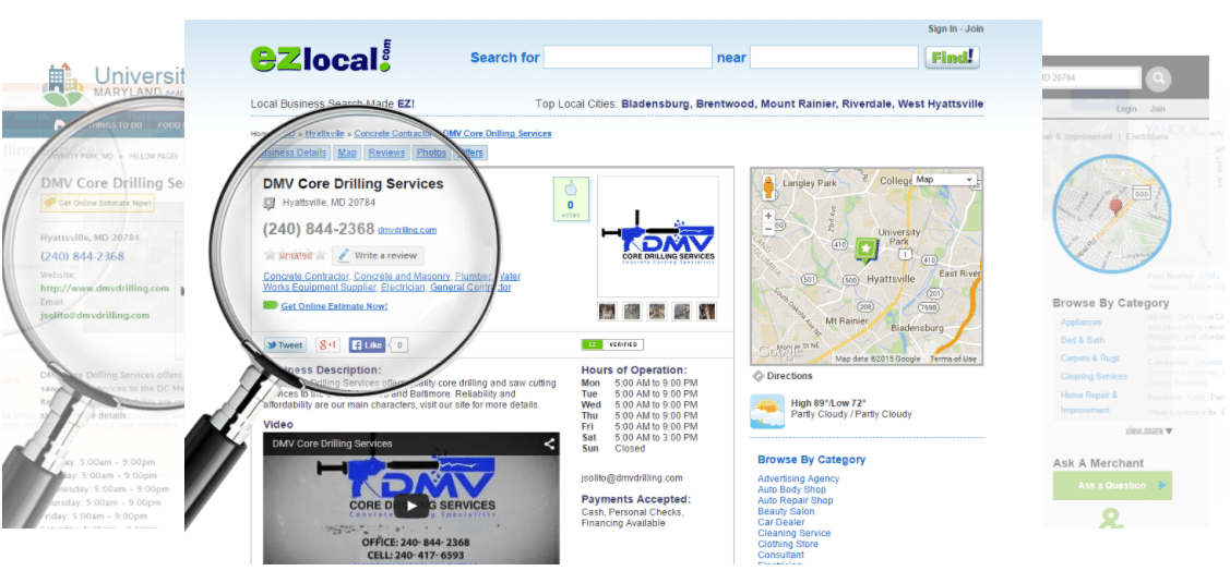 ez-local A website page for DMV Core Drilling Services is displayed, with a large magnifying glass highlighting the business information including phone number, logo, and address details on an EZlocal business directory site.