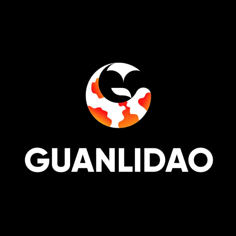 guanlidao A stylized circular logo resembling a koi fish with orange, red, and white patterns above the bold white text GUANLIDAO on a black background, perfect for a graphic design company or digital design brand.