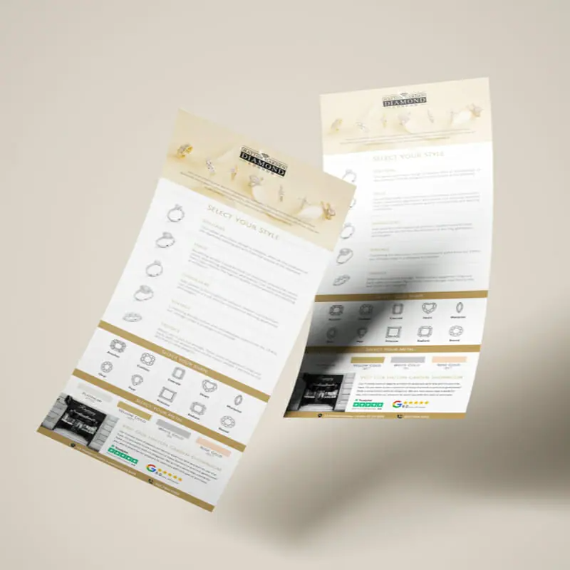 hatton-garden-flyer Two floating, angled sheets display a jewelry website mockup with icons of rings, text sections, gold accents, and customer review boxes on a neutral beige background—showcasing the expertise of a graphic design company in brand design.