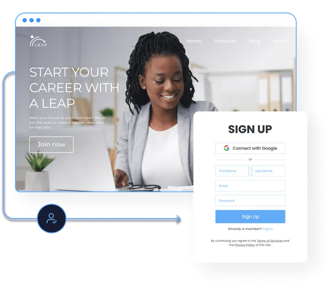 A woman smiles while working at a desk on a website with the headline “Start Your Career with a Leap.” Next to it is a “Sign Up” form with options to register via Google or by entering name, email, and password.
