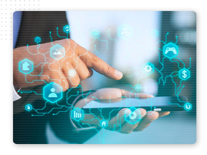 innovate-img A person in a suit uses a tablet, with blue digital icons and network lines overlaying the image, symbolizing technology, connectivity, and various online services and applications.