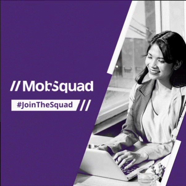 mob-squad A woman in business attire smiles while working on a laptop by a window. The left side of the image features a purple overlay with the text “MobSquad,” “#JoinTheSquad,” and branding inspired by a leading graphic design company.