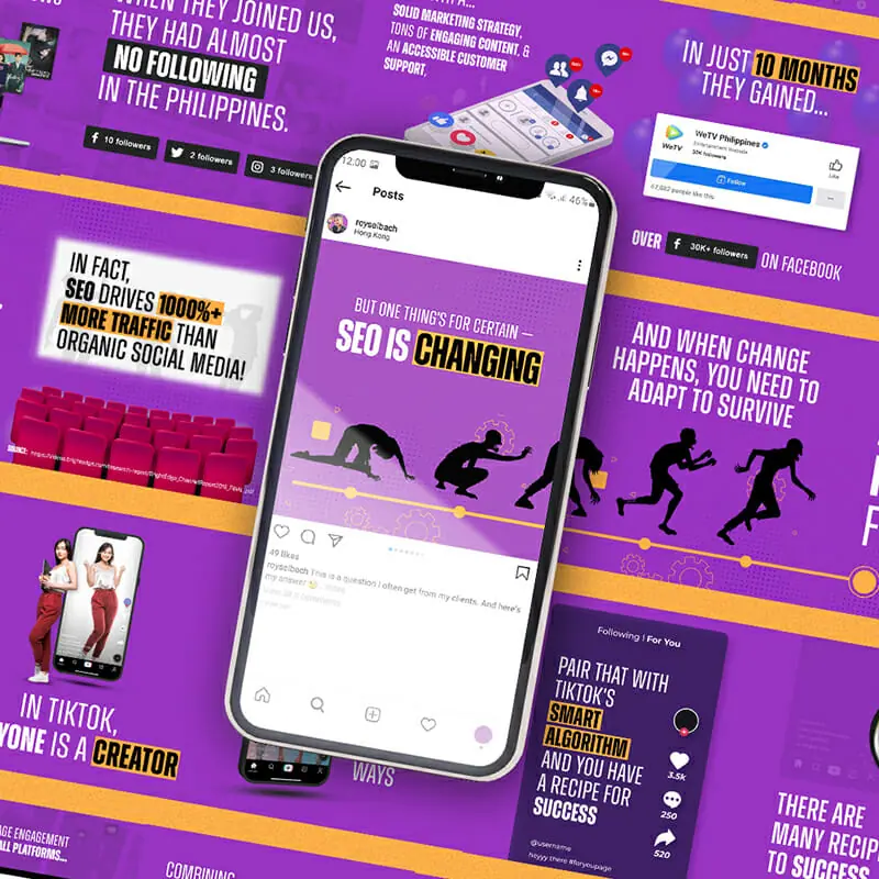 roy A smartphone displaying an Instagram post sits atop a vibrant collage of digital marketing facts and graphics, crafted by a skilled graphic designer, featuring bold text about SEO, social media growth, and algorithm changes on a purple background.