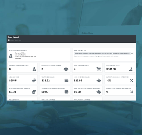 sales-agent Dashboard showing sales metrics: managed customers, orders, total earnings, subcommission earnings, total orders value, and commission percentages. Includes an affiliate link and sections for pending and paid subcommissions.