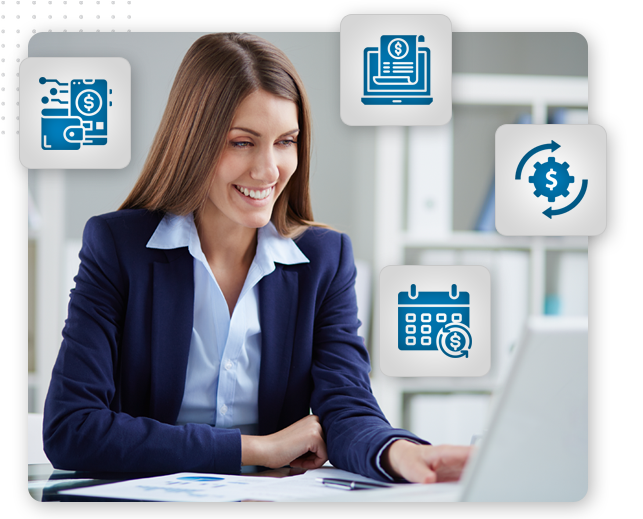 smart-payment-collection-tools-img A woman in a business suit smiles while working at a laptop. Surrounding her are financial icons, including a wallet, document, calendar, and currency exchange symbols—highlighting the use of online payment systems in a business setting.