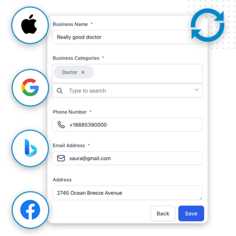 sync-fix-Business-Listings-img-v2 A form for adding business listings with fields for name, category, phone, email, and address appears alongside icons for Apple, Google, Bing, and Facebook. A reload icon is in the top right corner to refresh local business listings.