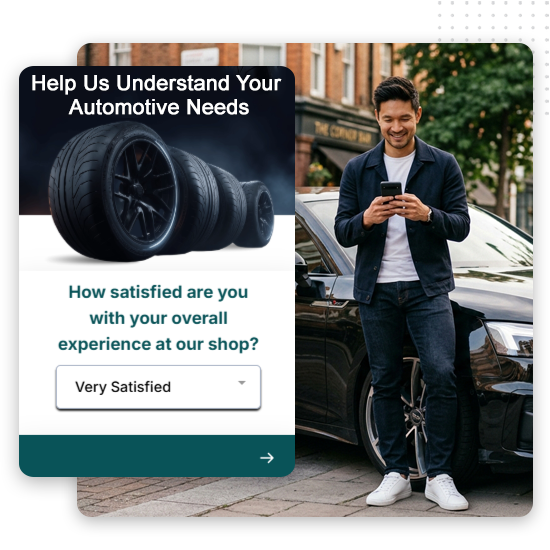 transport-data-collection-feat-image A man stands by a black car, smiling at his phone. Beside him is a survey card with car tires and the question, How satisfied are you with your overall experience at our shop? This scene highlights modern Transportation Advertising techniques, seamlessly connecting customer feedback with the automotive industry.