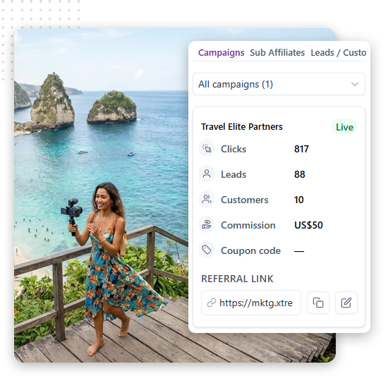 travel-affiliates-widget-feat-img A woman in a floral dress holds a camera by a scenic ocean view with rocky islets; an on-screen overlay displays affiliate marketing stats such as clicks, leads, commission, and a referral link—perfectly capturing the essence of travel advertising for a hospitality marketing agency.