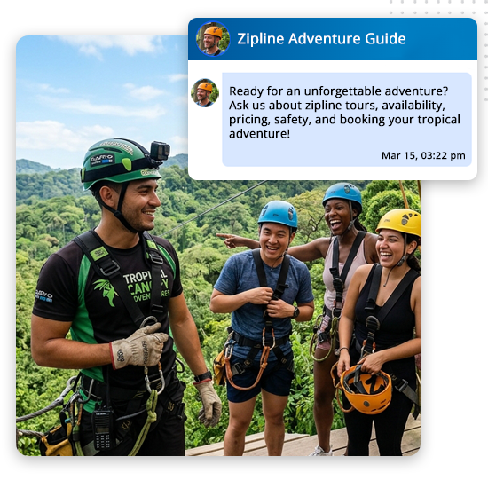 travel-ai-chat-feat-img Four people in helmets and harnesses smile and laugh with a guide in tropical gear, preparing for a zipline adventure. Lush green forest is in the background. A chat bubble—designed by a leading Hospitality Marketing Agency—offers info about zipline tours and bookings, showcasing the power of travel advertising to inspire your next adventure.