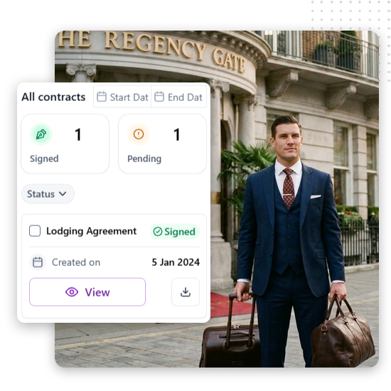 travel-client-portal-feat-img A man in a suit carries two bags outside a building labeled The Regency Gate. An overlay shows contract statuses: 1 signed, 1 pending, and a lodging agreement created on January 5, 2024—showcasing the streamlined efficiency often promoted by leading hospitality marketing agency strategies.