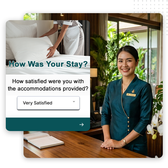 travel-data-collection-feat-img A hotel staff member smiles at the front desk. Overlapping is a survey asking, How satisfied were you with the accommodations provided? with Very Satisfied selected. A housekeeper tucks in a bed in another image.