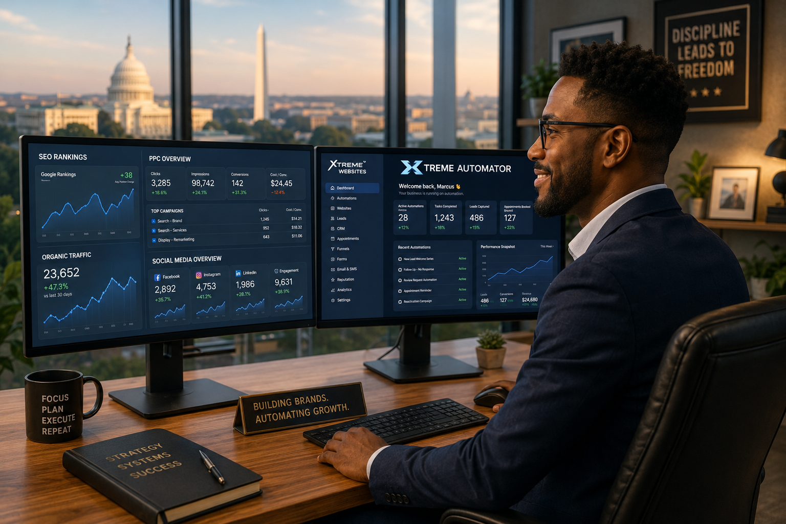 A man in a DC office with large windows overlooking the U.S. Capitol works at a desk with two monitors displaying digital marketing agencies' analytics. Signs read “Building Brands. Automating Growth” and “Strategy Sets Success.”.