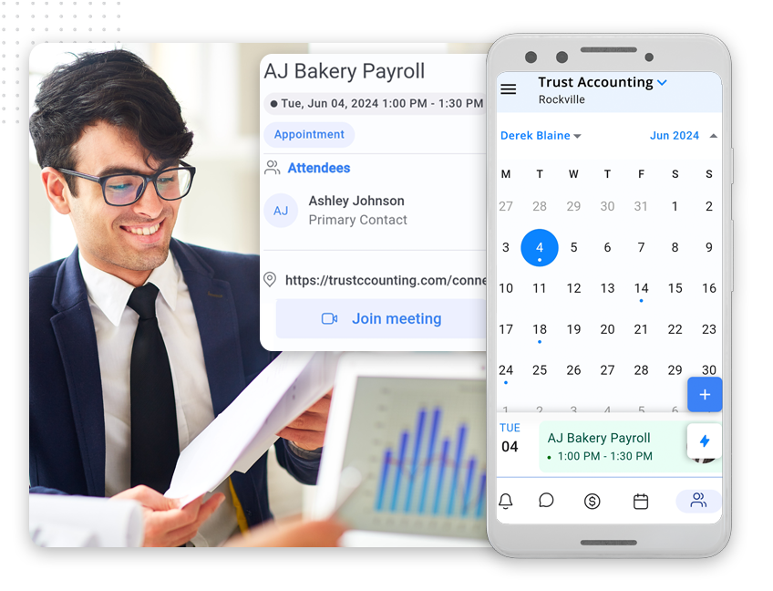 xtreme-leads-make-appointments-img A smiling man in a suit reviews papers with a bar graph, while overlaid screenshots show a digital calendar, a payroll meeting invite, event details on a smartphone, and insights into custom web design pricing.
