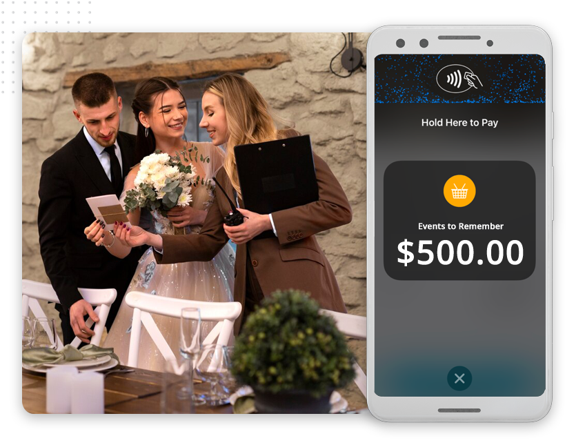 xtreme-leads-pay-on-the-go-img A bride and groom make a mobile payment to an event planner using a card and smartphone, with the screen displaying “Events to Remember $500.00,” showcasing seamless transactions like those offered by leading web design company services.