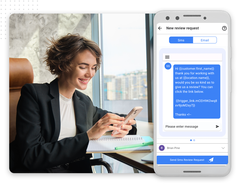 xtreme-leads-send-review-img A smiling woman sits at a desk with a notebook, typing on her phone. On the right, a phone screen displays a review request message template—perfect for sharing feedback about your experience with our Web Design Company.