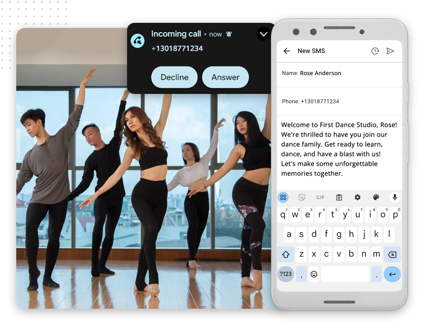 xtreme-leads-send-sms-and-call-img A group of people practice dance in a studio with large windows. Overlaid are a phone screen showing an incoming call and a text message welcoming someone to First Dance Studio, alongside details about their Web Design Packages.