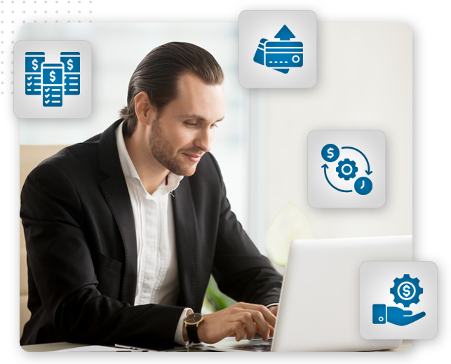 xtreme-pay-flexiblet-pricing-options-img A man in a suit works on a laptop at a desk, surrounded by icons representing online payment systems, financial transactions, payment methods, money exchange, and financial management.