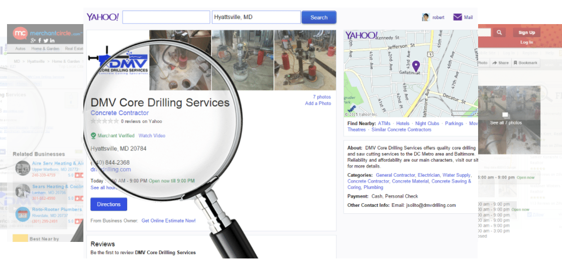 yahoo A computer screen displays a Yahoo search result for DMV Core Drilling Services, showing business details, contact info, directions, reviews, and a map. A magnifying glass emphasizes the business listing.