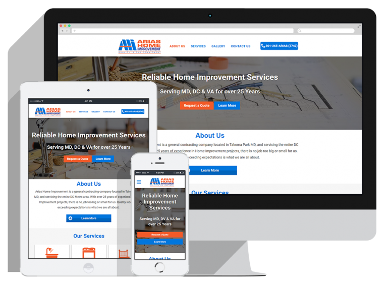 Arias Home Improvement Mockup slider A website for Arias Home Improvement Services displayed on a desktop, tablet, and smartphone, showing a responsive design with text, buttons, and a header menu on all devices.