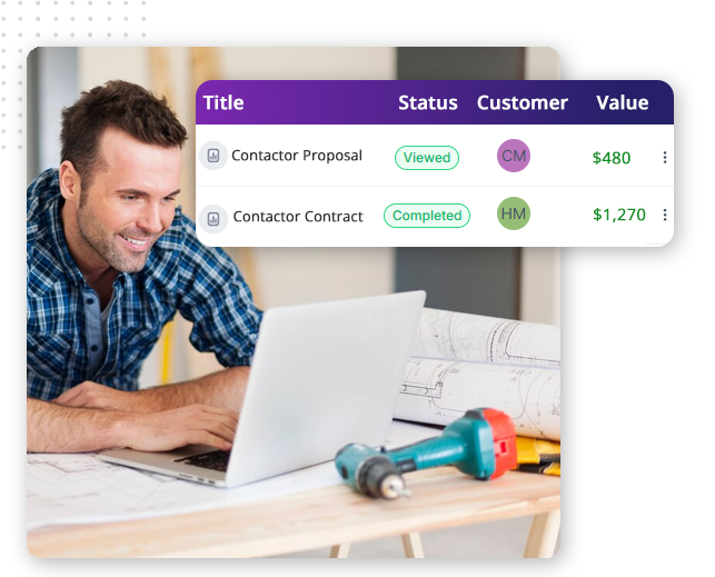 Automator-Digital-Document-img A smiling man looks at a laptop on a desk with blueprints and a drill; next to him, CRM Software for Small Businesses displays project titles, statuses, customer initials, and values on a digital list.