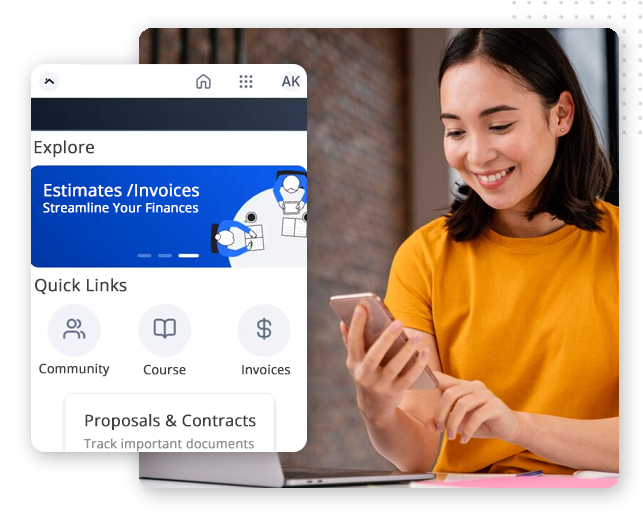 Automator-client-portal-image A woman in a yellow shirt smiles while looking at her smartphone. Next to her is a screen showing CRM software with sections for invoices, estimates, quick links, and proposals & contracts—perfect for small businesses.