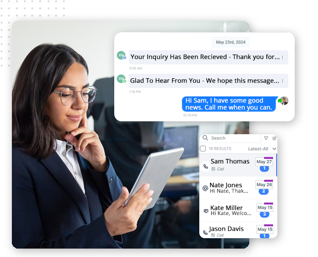 Automator-communication-hub-image-v1 A woman in business attire holds a tablet and smiles. Overlaid on the image are chat messages and a contact list, highlighting efficient business communication with a crm platform for seamless connections.