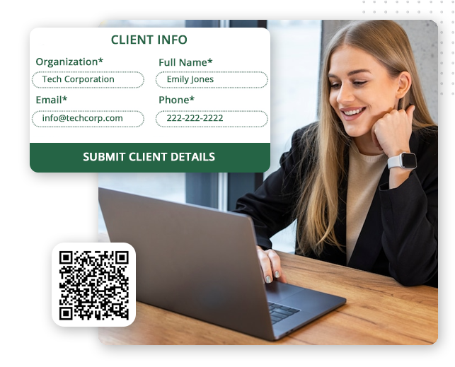 Automator-data-collections-img A woman with long blonde hair, wearing a black top and smartwatch, smiles while using a laptop. An overlay displays a client info form with sample details and a QR code, highlighting the benefits of CRM software for small businesses.