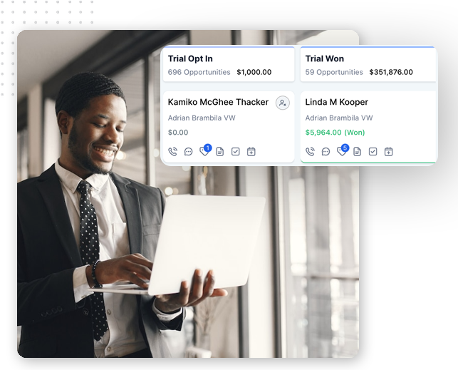 Automator-pipeline-mgmt-img A smiling man in a suit uses a laptop. Overlaid are two panels showing sales opportunity data, including names, amounts, and statuses such as Trial Opt In and Trial Won—perfect for showcasing CRM software for small businesses.