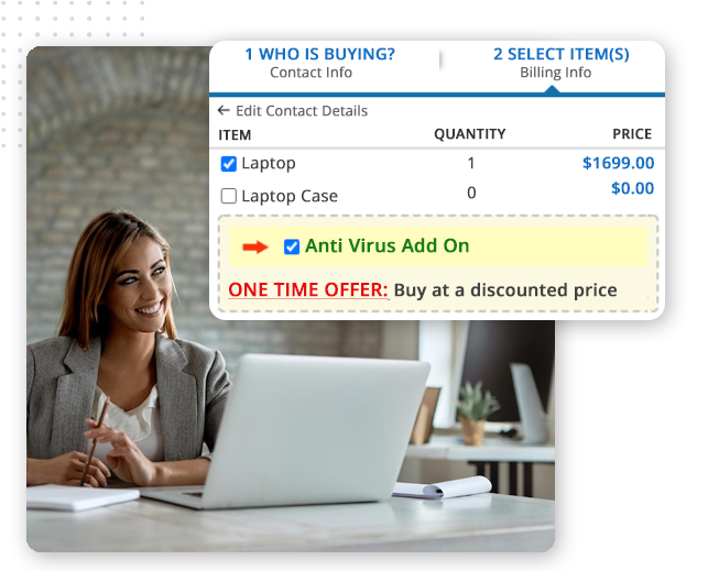 Automator-sales-funnel-builder-img A woman in a gray blazer smiles at her laptop. Overlaid is a checkout screen for CRM Software for Small Businesses, showing a laptop priced at $1699, a free laptop case, and a discounted anti-virus add-on offer highlighted in yellow.