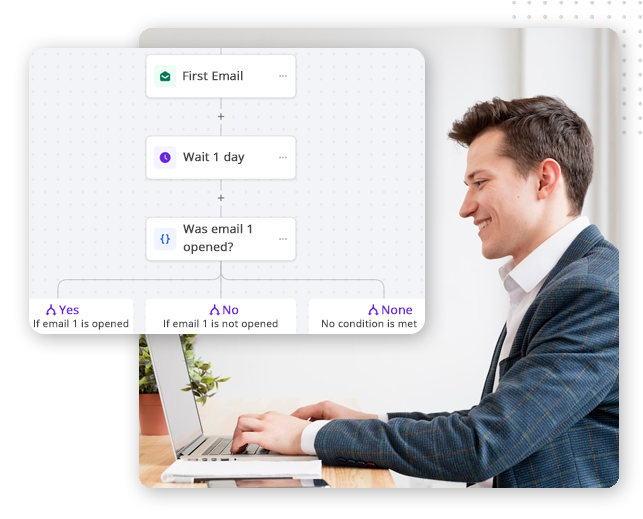 Automator-workflow-builder-hub-img A man in a suit types on a laptop at a desk. Overlaid is a flowchart showing an email automation sequence—built using the best CRM software—for sending emails, waiting one day, and tracking email opens to determine next steps.