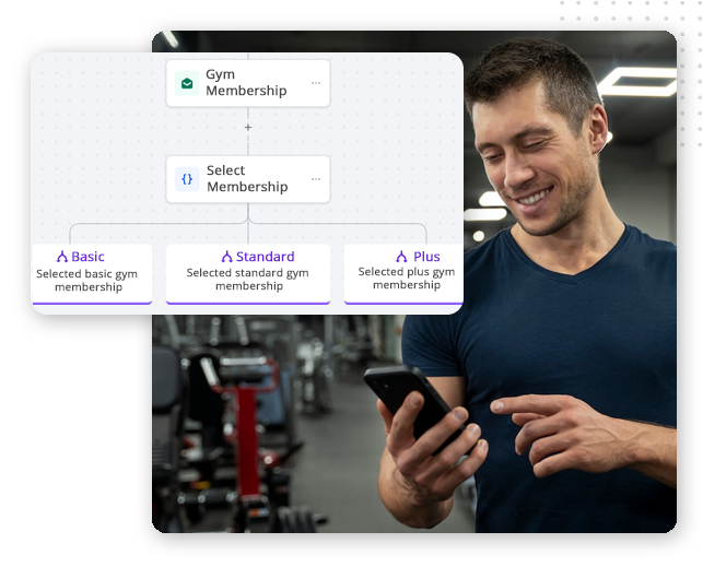 Automator-workflow-designer-img A man in a gym smiles while looking at his smartphone, possibly exploring CRM Software for Small Businesses. Next to him is a flowchart with steps to choose a gym membership plan. Gym equipment is visible in the background.