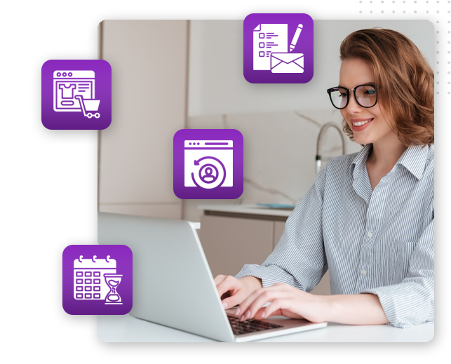 Automator-workflow-triggers-img A woman wearing glasses and a striped shirt is smiling while typing on a laptop. Surrounding her are four purple icons representing email, scheduling, shopping online, and user profiles.