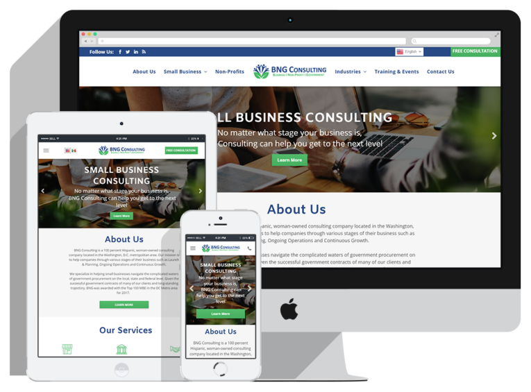 BNG-Slider A computer, tablet, and smartphone display the homepage of BNG Consulting, featuring a navigation menu, “Small Business Consulting” headline, green call-to-action buttons, and Website Design Packages, illustrating a responsive website design.