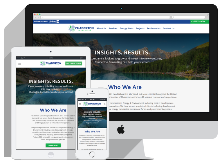 Chaberton-Slider A website for Chaberton Consulting is displayed on a desktop, tablet, and smartphone. Showcasing Website Design Packages, the homepage features a mountain lake background, the company logo, navigation menu, and Who We Are section visible on all devices.