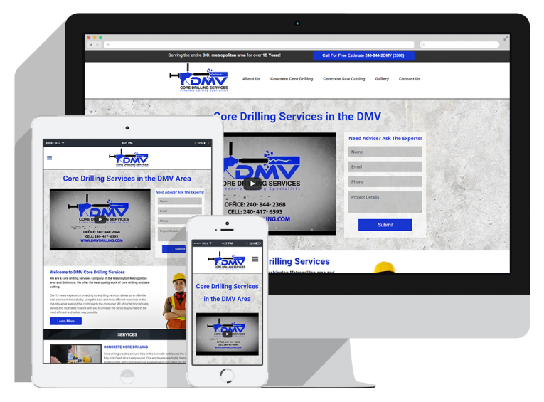 DMV Core Drilling slider A responsive website for a core drilling service is displayed on a desktop monitor, tablet, and smartphone, showing consistent branding, contact info, and service details across all devices.