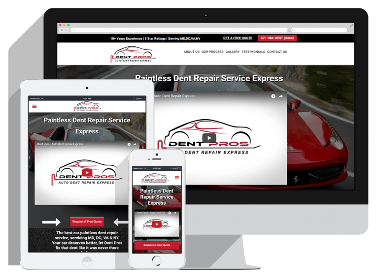 DentPro Showcase slider A website for Dent Pros Auto Dent Repair Express is displayed on a desktop, tablet, and smartphone, showing the homepage with a red sports car, logo, navigation bar, and a request quote button.