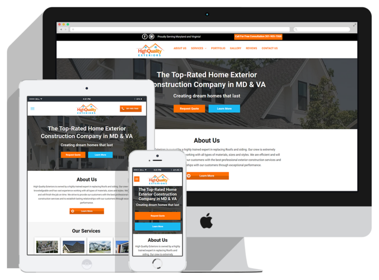 High-quality-exteriors-Slider A website for a home exterior construction company is displayed on a desktop monitor, tablet, and smartphone, highlighting its responsive design and layout, as well as clear information about Website Design Packages across all three devices.